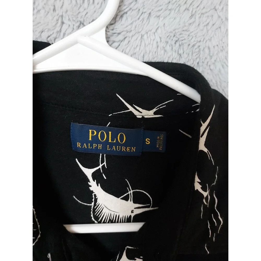 Polo Ralph Lauren Polo Shirt Mens Small Marlin Fish Print Linen Blend Black READ